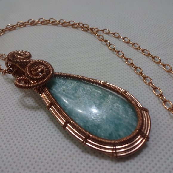 Stunning "AMAZONITE" WIRE-WRAPPED Handmade COPPER Pendant/Chain #760A - Picture 1 of 3
